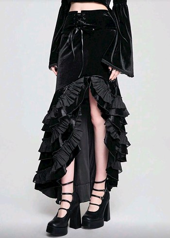 Kadın Siyah Gotik Fırfırlı Uzun Etek - Görsel 4