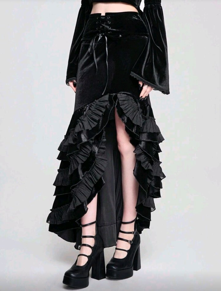 Kadın Siyah Gotik Fırfırlı Uzun Etek - Görsel 4