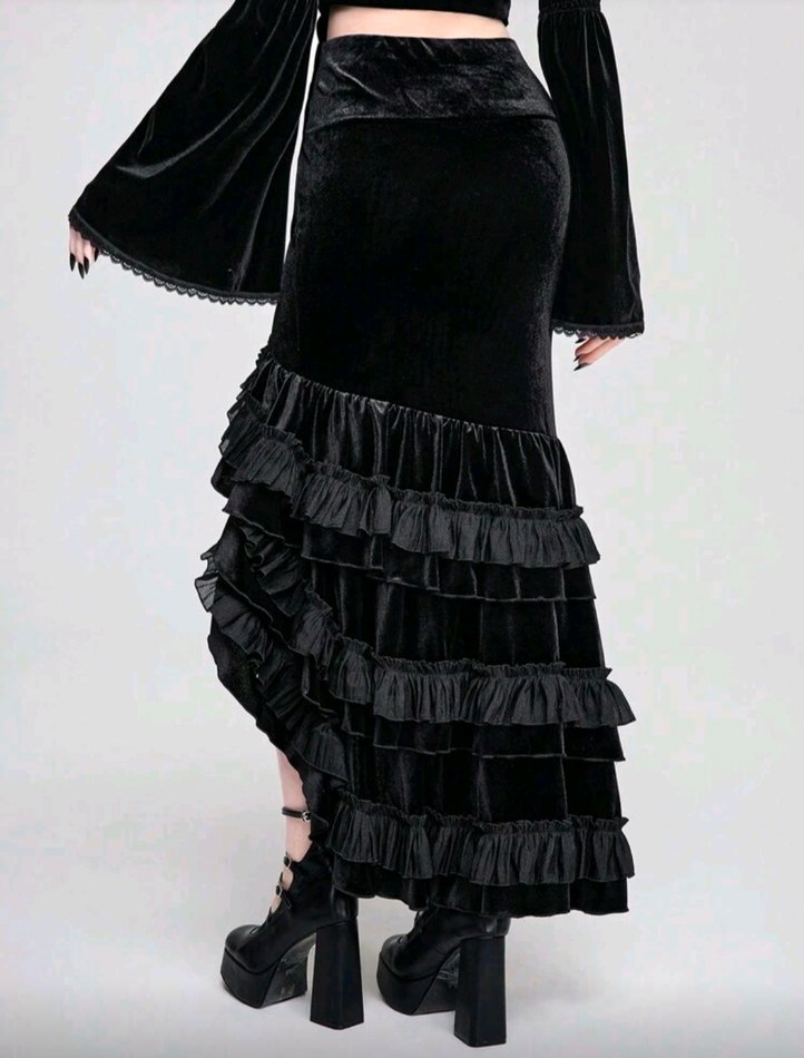 Kadın Siyah Gotik Fırfırlı Uzun Etek - Görsel 2