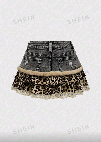 Leopar Desenli Kısa Denim Etek - Görsel 2