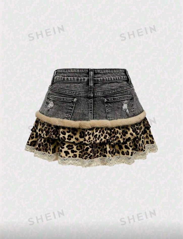 Leopar Desenli Kısa Denim Etek - Görsel 2