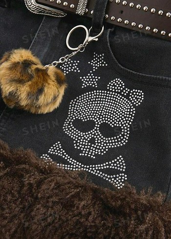 Kahverengi Nakışlı Kemerli Mini Denim Etek - Görsel 4