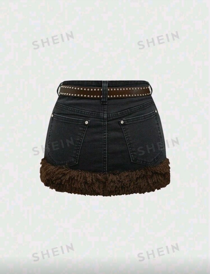 Kahverengi Nakışlı Kemerli Mini Denim Etek - Görsel 2