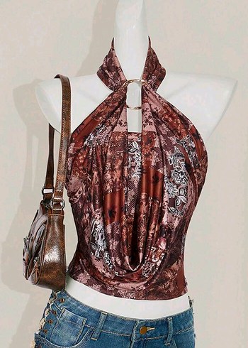Kahverengi Halter Yaka Bohem Kadın Bluz