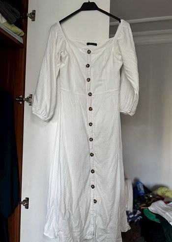 Düğmeli Beyaz Uzun Keten Elbise - Görsel 2