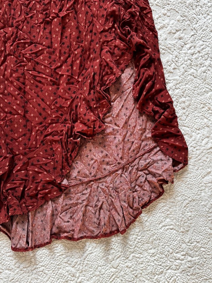 Bordo Drapeli Bohem Midi Etek - Görsel 2