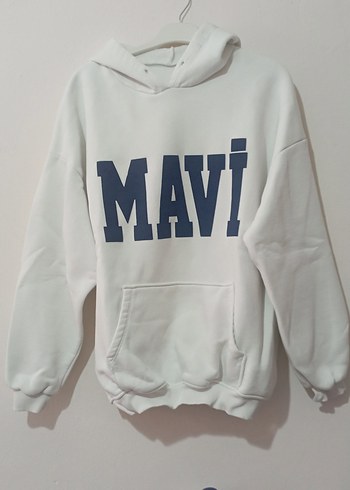 Beyaz Kapüşonlu Mavi Baskılı Sweatshirt