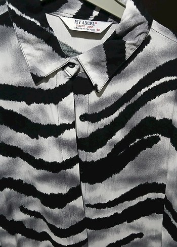 44 Beden Zebra Desenli Gri Uzun Kollu Gömlek