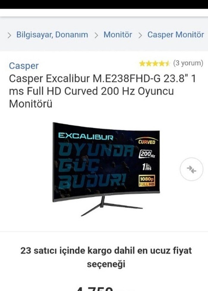 Casper excalibur monitör 200hz oyuncu monitörü  - Görsel 3