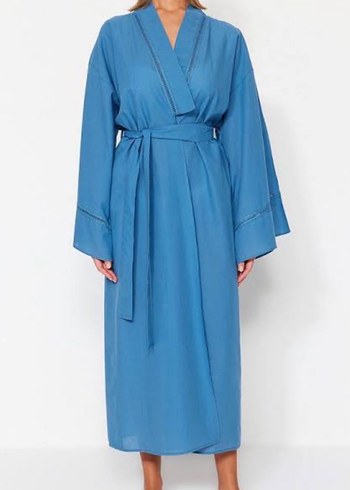 Zara Uzun Mavi Kadın Kimono V Yaka