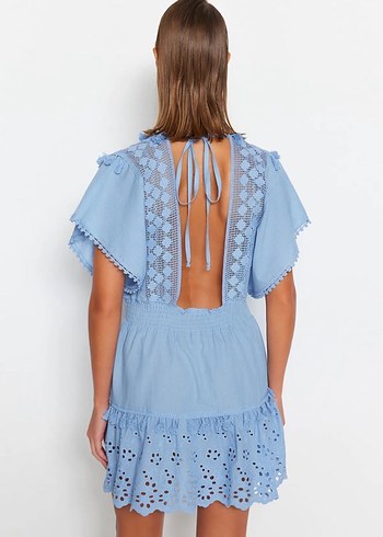 Zara Mavi Dantel Detaylı Bohem Mini Elbise