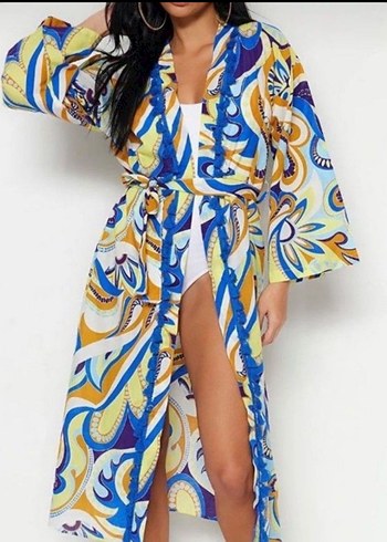 Renkli Bağlamalı Uzun Kimono