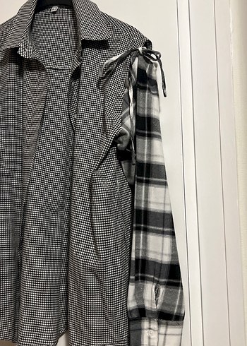 Düğmeli Gri Kareli Kadın Gömlek. kol  bağcıklı - Görsel 3