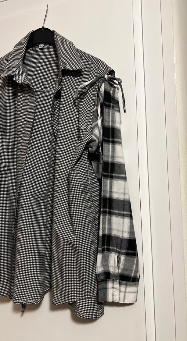 Düğmeli Gri Kareli Kadın Gömlek. kol  bağcıklı - Görsel 3