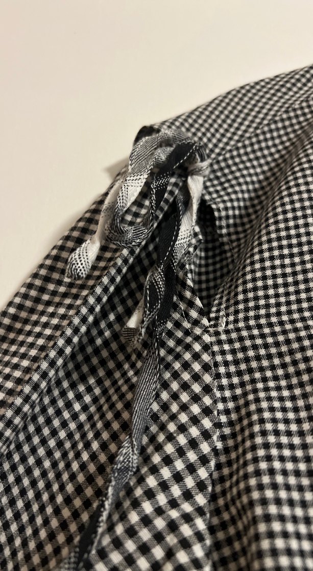 Düğmeli Gri Kareli Kadın Gömlek. kol  bağcıklı - Görsel 2