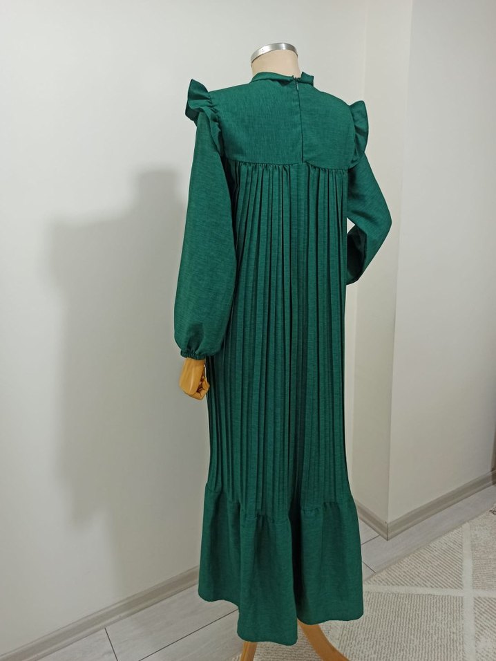 Diger Yeşil Uzun Piliseli Keten Elbise - Görsel 4