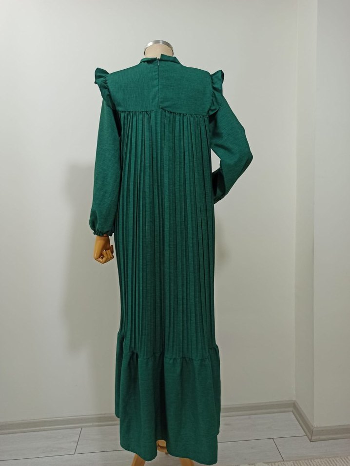 Diger Yeşil Uzun Piliseli Keten Elbise - Görsel 3