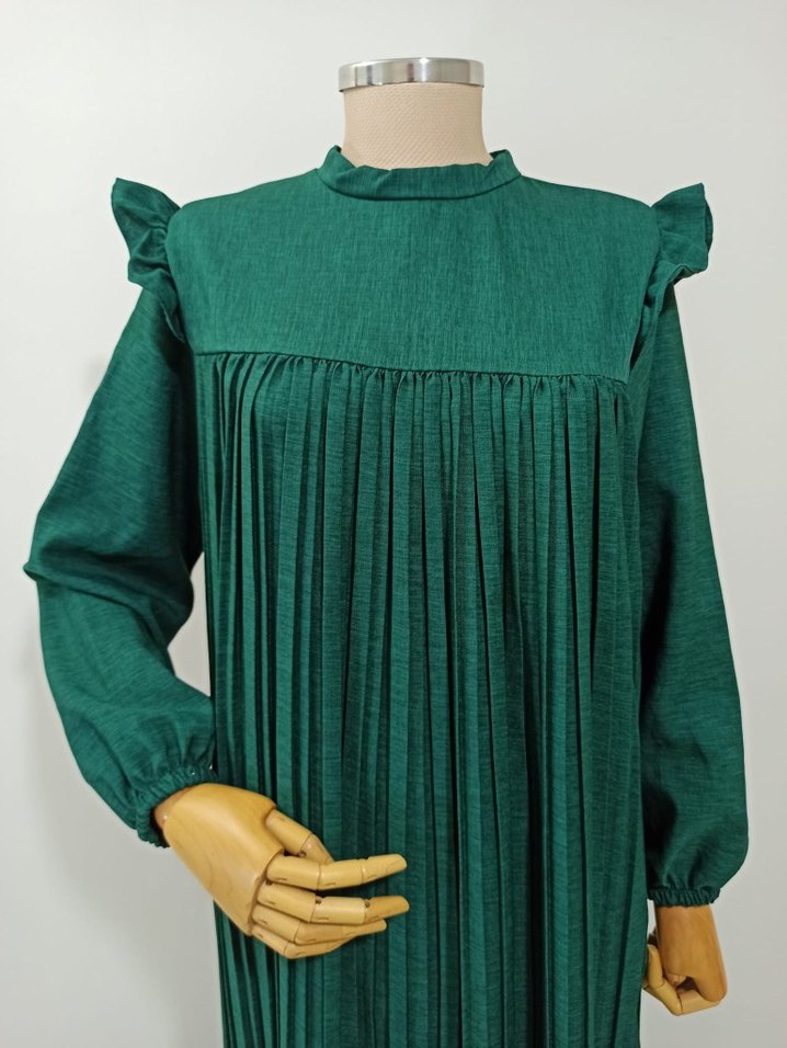 Diger Yeşil Uzun Piliseli Keten Elbise - Görsel 2