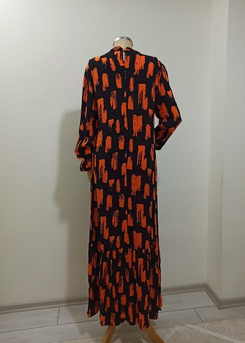 Uzun Kollu Pilili Turuncu Kadın Elbise - Görsel 6