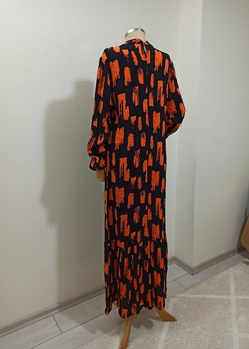 Uzun Kollu Pilili Turuncu Kadın Elbise - Görsel 5