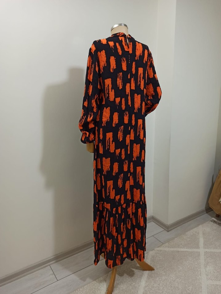 Uzun Kollu Pilili Turuncu Kadın Elbise - Görsel 5