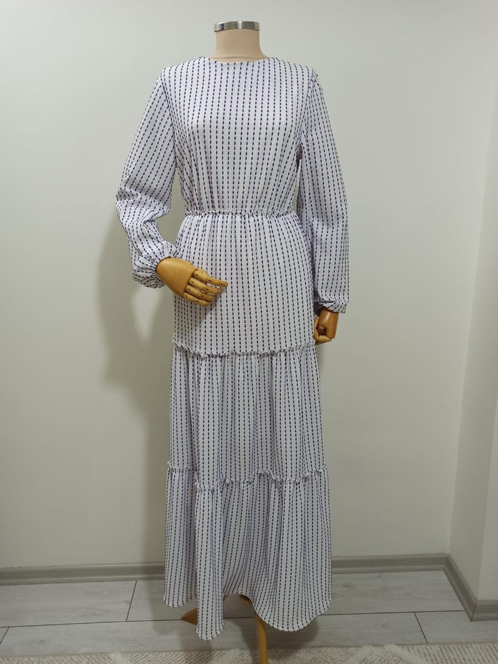 Pilili Beyaz Uzun Kol Bohem Elbise - Görsel 3