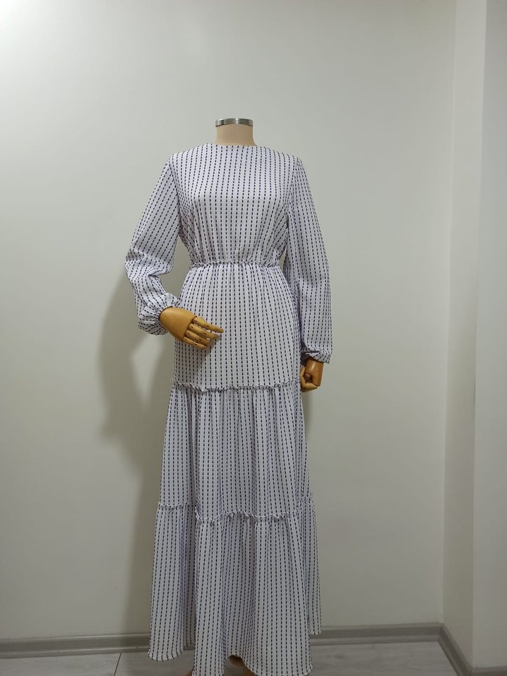 Pilili Beyaz Uzun Kol Bohem Elbise - Görsel 2