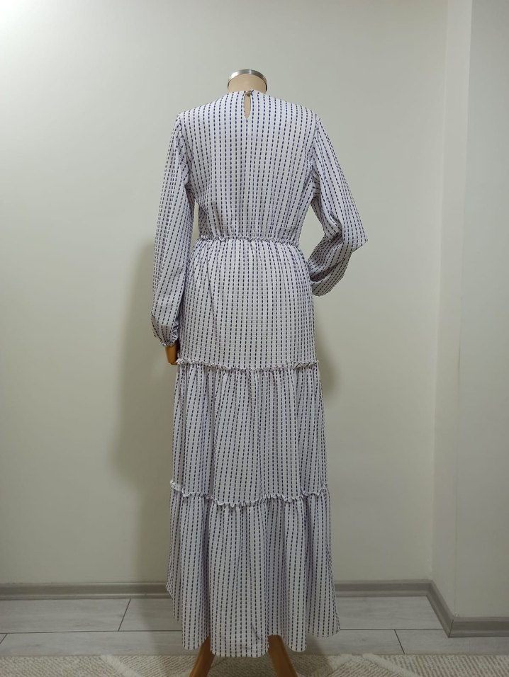 Pilili Beyaz Uzun Kol Bohem Elbise - Görsel 4