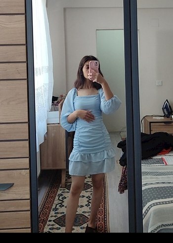 Mavi V Yaka Uzun Kollu Midi Denim Elbise