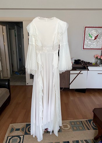 Uzun Kollu Beyaz Vintage A Kesim Gelinlik - Görsel 2