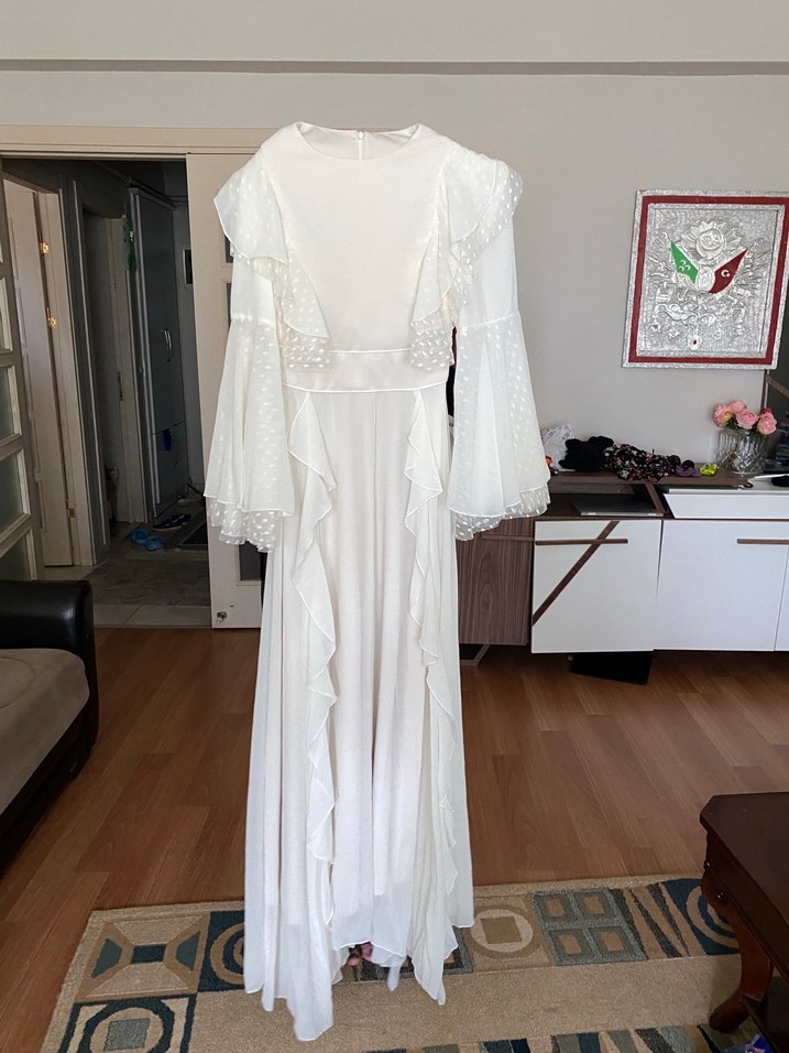 Uzun Kollu Beyaz Vintage A Kesim Gelinlik - Görsel 2