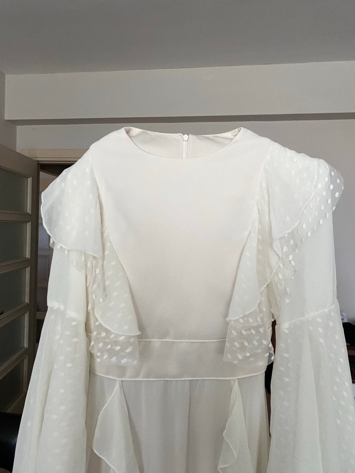 Uzun Kollu Beyaz Vintage A Kesim Gelinlik - Görsel 3