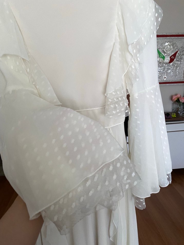 Uzun Kollu Beyaz Vintage A Kesim Gelinlik - Görsel 4