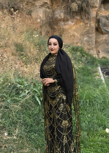 Siyah Uzun Kollu Etnik Desenli Abiye Elbise 38 40 42 beden