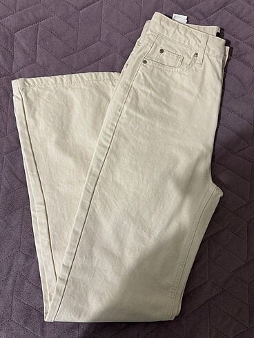 Ekru Yüksek Bel Wide Leg Kot Pantalon