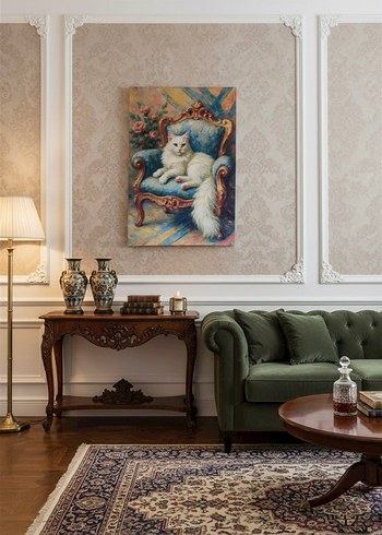 Beyaz Uzun Tüylü Kedi Temalı Dekoratif Tablo - Görsel 3