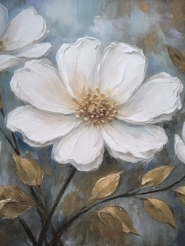 Beyaz Çiçekli Gri Arka Planlı Tablo - Görsel 2