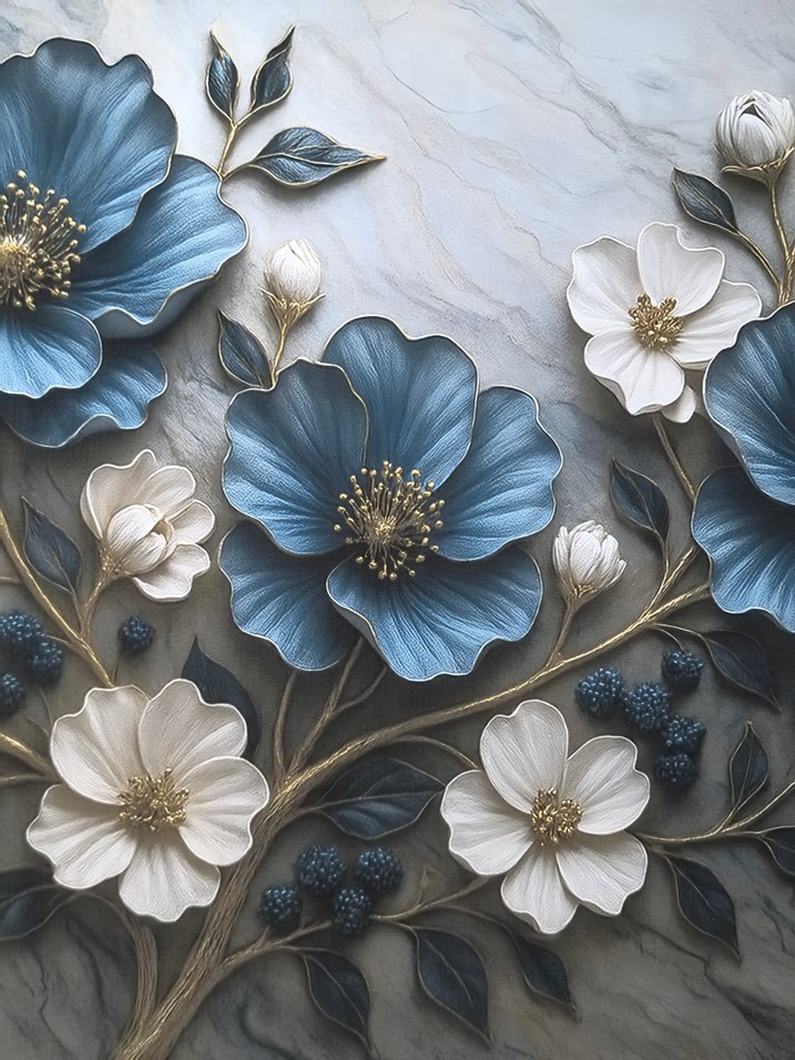 Mavi ve Gri Çiçekli Dekoratif Tablo - Görsel 2