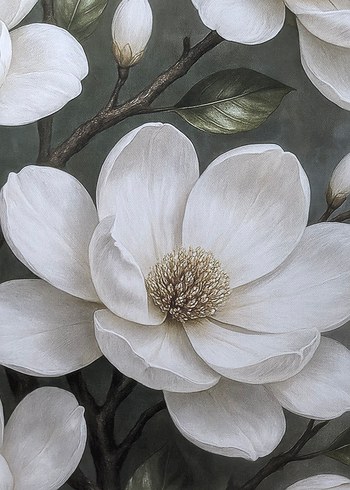 Beyaz Çiçekli Gri Tonlarda Tablo - Görsel 2