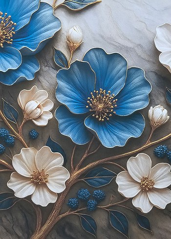 Mavi ve Beyaz Çiçekli Duvar Tablosu - Görsel 2