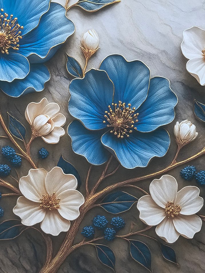 Mavi ve Beyaz Çiçekli Duvar Tablosu - Görsel 2