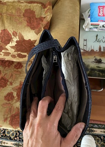 Koyu Mavi Deri Yılan Desenli Fermuarlı Çanta - Görsel 3