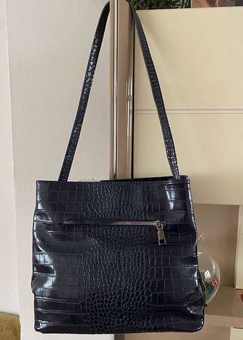 Koyu Mavi Deri Yılan Desenli Fermuarlı Çanta - Görsel 2