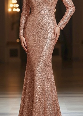 Uzun Kollu Parlak Drapeli Kadın Abiye Elbise - Görsel 7