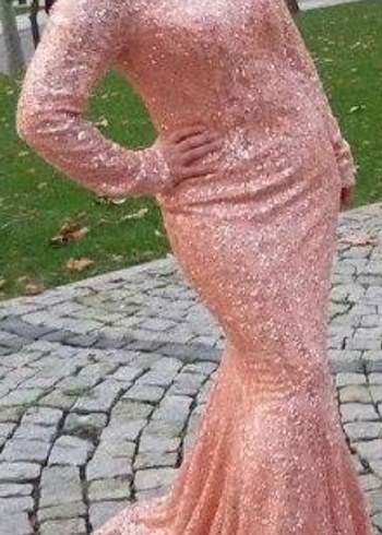 Uzun Kollu Parlak Drapeli Kadın Abiye Elbise - Görsel 6