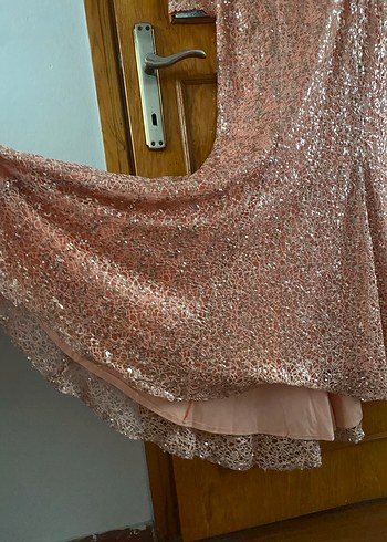 Uzun Kollu Parlak Drapeli Kadın Abiye Elbise - Görsel 2