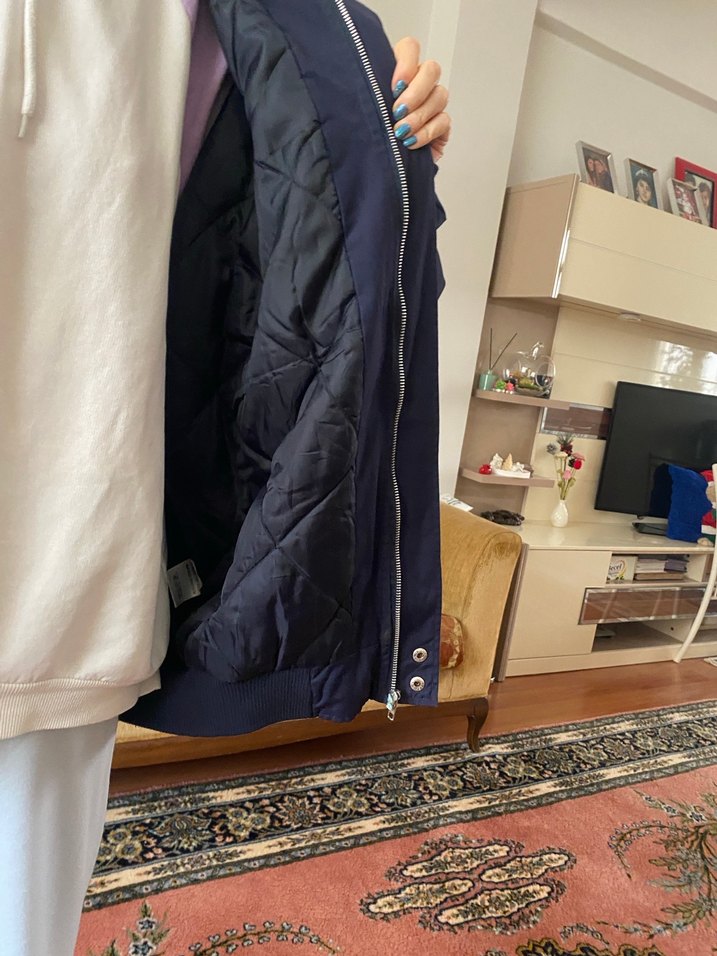 Mavi Saten Görünümlü Kadın Bomber Ceket - Görsel 3