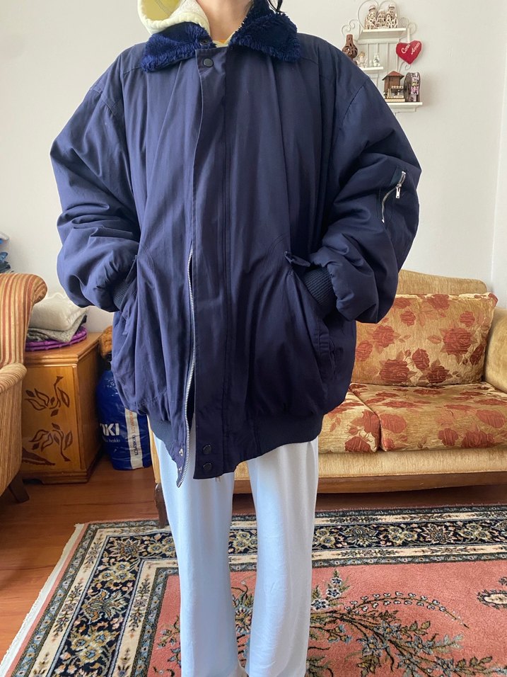 Mavi Saten Görünümlü Kadın Bomber Ceket - Görsel 2