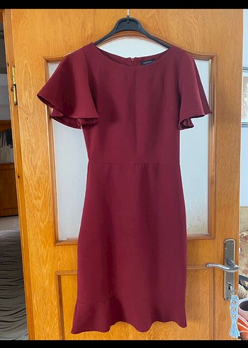 Bordo Midi Kısa Kollu Fırfırlı Elbise - Görsel 2