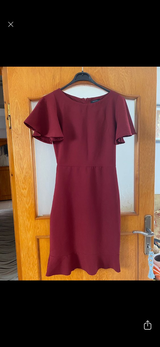 Bordo Midi Kısa Kollu Fırfırlı Elbise - Görsel 2